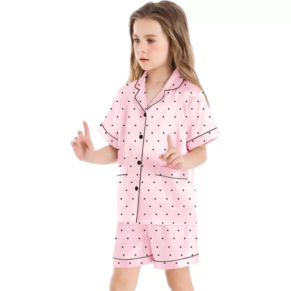 SWOMOG Satin Kid Pajamas for Girls Silk Pjs Set with 2 Pockets Boys Sleepwear Buttonup Lounge Sets Short Sleeve NightwearPink Point