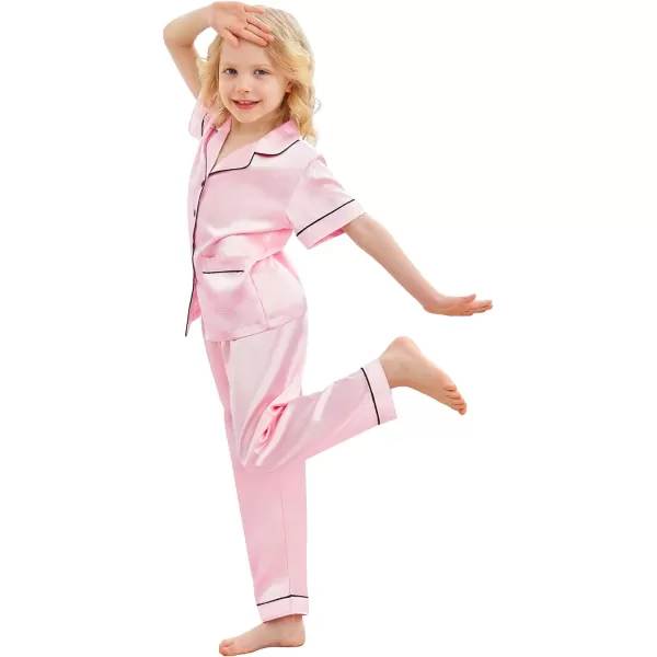 SWOMOG Satin Kid Pajamas for Girls Silk Pjs Set with 2 Pockets Boys Sleepwear Buttonup Lounge Sets Short Sleeve NightwearPinklong Pant