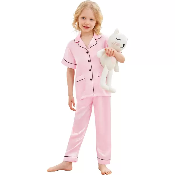 SWOMOG Satin Kid Pajamas for Girls Silk Pjs Set with 2 Pockets Boys Sleepwear Buttonup Lounge Sets Short Sleeve NightwearPinklong Pant