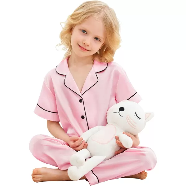SWOMOG Satin Kid Pajamas for Girls Silk Pjs Set with 2 Pockets Boys Sleepwear Buttonup Lounge Sets Short Sleeve NightwearPinklong Pant