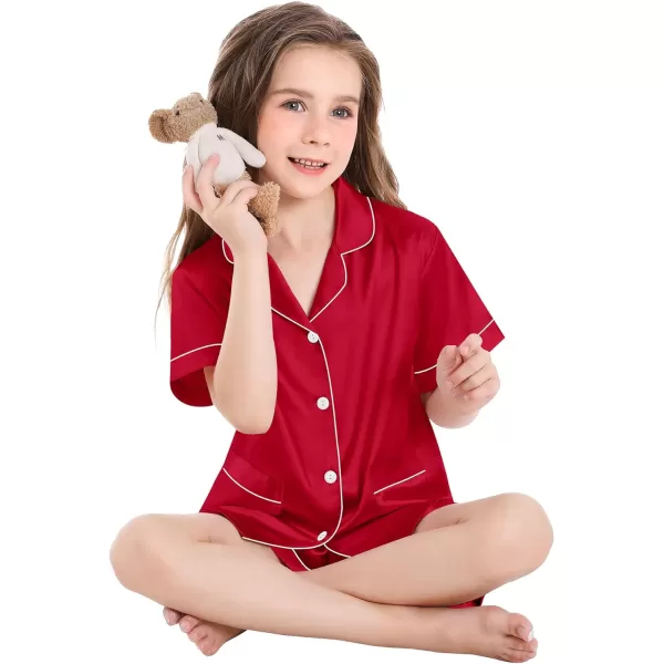 SWOMOG Satin Kid Pajamas for Girls Silk Pjs Set with 2 Pockets Boys Sleepwear Buttonup Lounge Sets Short Sleeve NightwearRed