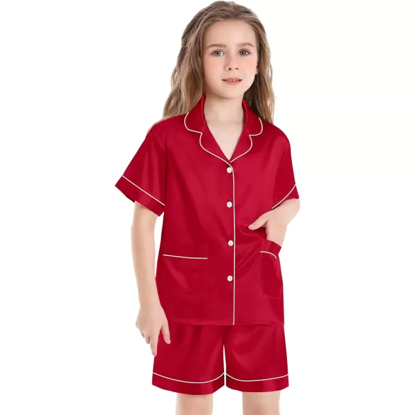 SWOMOG Satin Kid Pajamas for Girls Silk Pjs Set with 2 Pockets Boys Sleepwear Buttonup Lounge Sets Short Sleeve NightwearRed