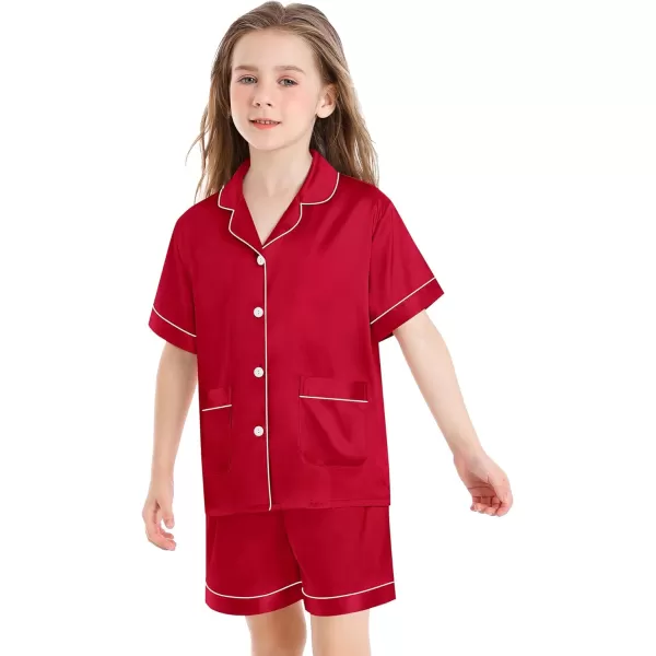 SWOMOG Satin Kid Pajamas for Girls Silk Pjs Set with 2 Pockets Boys Sleepwear Buttonup Lounge Sets Short Sleeve NightwearRed