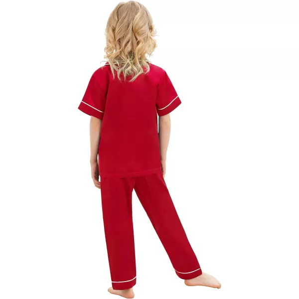 SWOMOG Satin Kid Pajamas for Girls Silk Pjs Set with 2 Pockets Boys Sleepwear Buttonup Lounge Sets Short Sleeve NightwearRedlong Pant