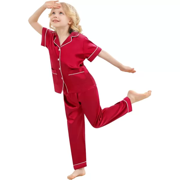 SWOMOG Satin Kid Pajamas for Girls Silk Pjs Set with 2 Pockets Boys Sleepwear Buttonup Lounge Sets Short Sleeve NightwearRedlong Pant