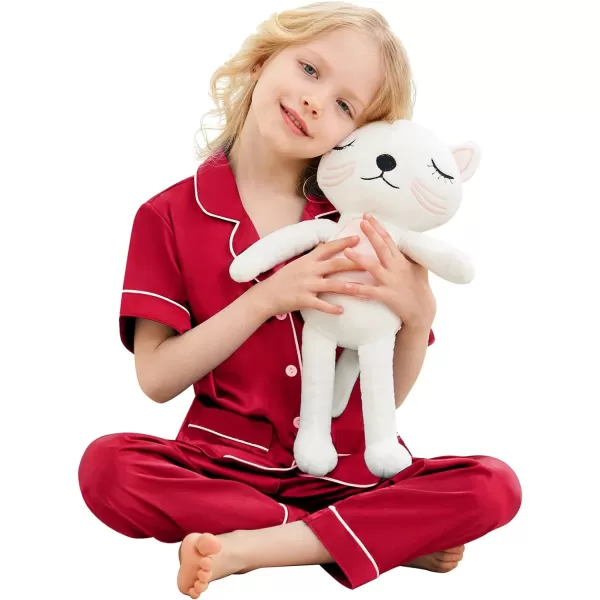 SWOMOG Satin Kid Pajamas for Girls Silk Pjs Set with 2 Pockets Boys Sleepwear Buttonup Lounge Sets Short Sleeve NightwearRedlong Pant