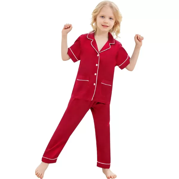 SWOMOG Satin Kid Pajamas for Girls Silk Pjs Set with 2 Pockets Boys Sleepwear Buttonup Lounge Sets Short Sleeve NightwearRedlong Pant