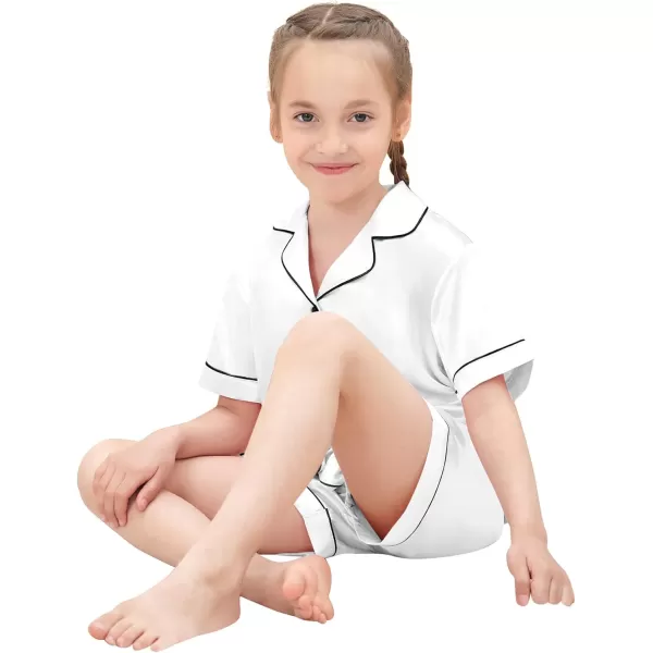 SWOMOG Satin Kid Pajamas for Girls Silk Pjs Set with 2 Pockets Boys Sleepwear Buttonup Lounge Sets Short Sleeve NightwearWhite