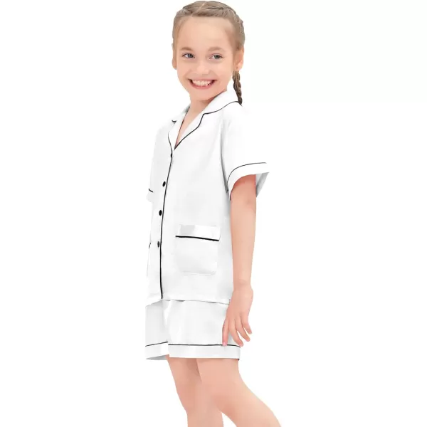 SWOMOG Satin Kid Pajamas for Girls Silk Pjs Set with 2 Pockets Boys Sleepwear Buttonup Lounge Sets Short Sleeve NightwearWhite