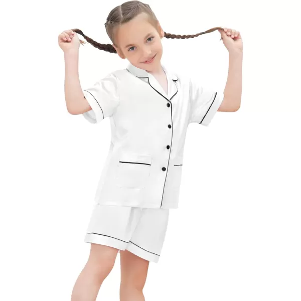 SWOMOG Satin Kid Pajamas for Girls Silk Pjs Set with 2 Pockets Boys Sleepwear Buttonup Lounge Sets Short Sleeve NightwearWhite