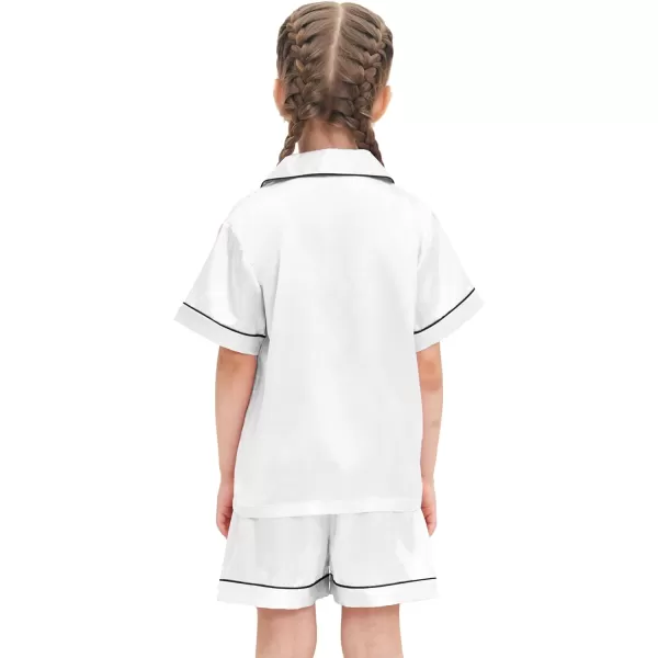 SWOMOG Satin Kid Pajamas for Girls Silk Pjs Set with 2 Pockets Boys Sleepwear Buttonup Lounge Sets Short Sleeve NightwearWhite