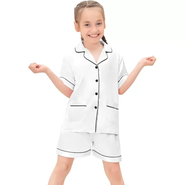 SWOMOG Satin Kid Pajamas for Girls Silk Pjs Set with 2 Pockets Boys Sleepwear Buttonup Lounge Sets Short Sleeve NightwearWhite