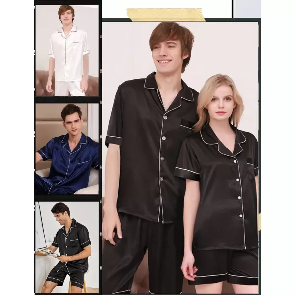 SWOMOG Satin Matching Pajamas Sets Couple Silk Button Down Nightwear Short Sleeve Sleepwear 2 Pieces Loungewear with ShortsBlack Blackmen