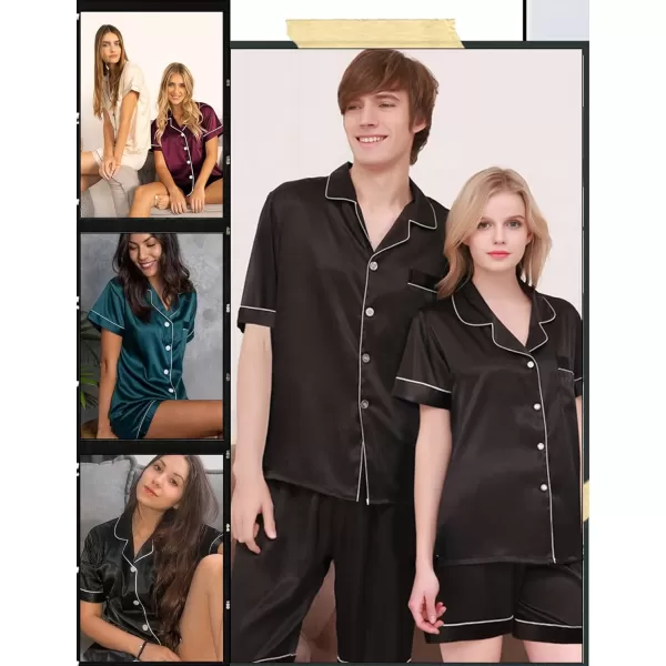 SWOMOG Satin Matching Pajamas Sets Couple Silk Button Down Nightwear Short Sleeve Sleepwear 2 Pieces Loungewear with ShortsBlack Blackwomen No Pocket