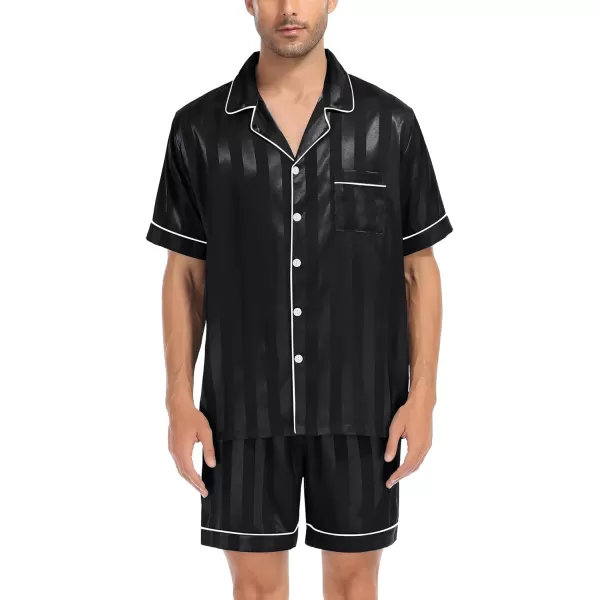 SWOMOG Satin Matching Pajamas Sets Couple Silk Button Down Nightwear Short Sleeve Sleepwear 2 Pieces Loungewear with ShortsBlack Stripedmen