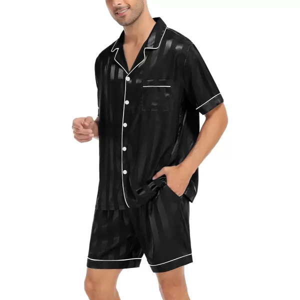 SWOMOG Satin Matching Pajamas Sets Couple Silk Button Down Nightwear Short Sleeve Sleepwear 2 Pieces Loungewear with ShortsBlack Stripedmen