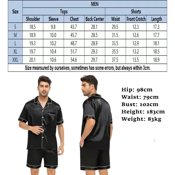 SWOMOG Satin Matching Pajamas Sets Couple Silk Button Down Nightwear Short Sleeve Sleepwear 2 Pieces Loungewear with ShortsBlackmen