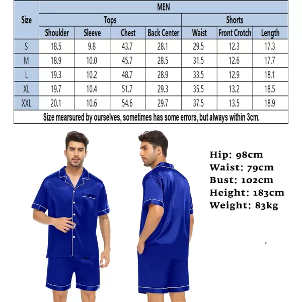 SWOMOG Satin Matching Pajamas Sets Couple Silk Button Down Nightwear Short Sleeve Sleepwear 2 Pieces Loungewear with ShortsBluemen