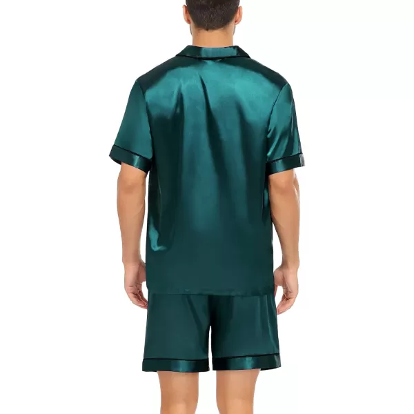 SWOMOG Satin Matching Pajamas Sets Couple Silk Button Down Nightwear Short Sleeve Sleepwear 2 Pieces Loungewear with ShortsDark Greenmen