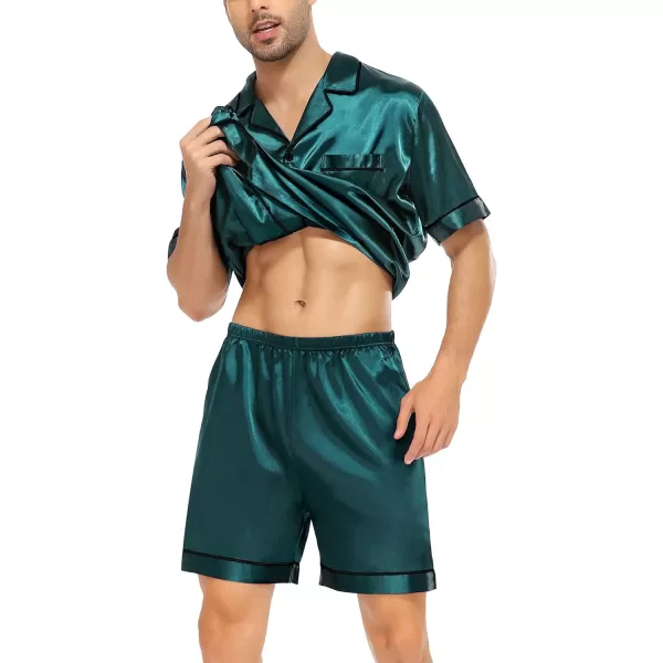 SWOMOG Satin Matching Pajamas Sets Couple Silk Button Down Nightwear Short Sleeve Sleepwear 2 Pieces Loungewear with ShortsDark Greenmen