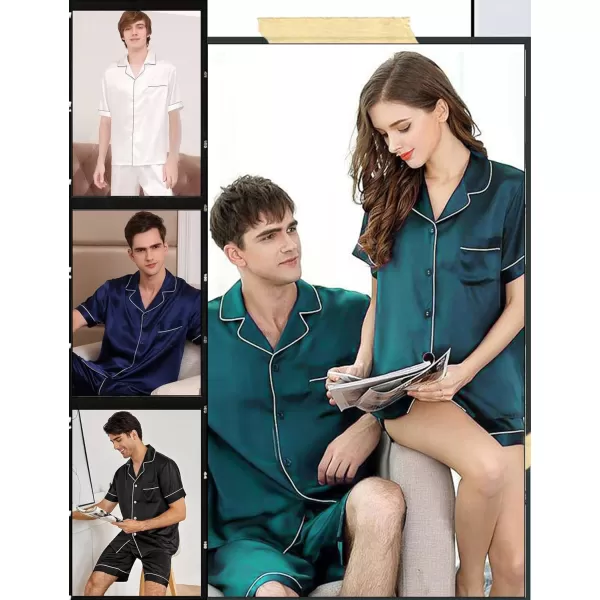 SWOMOG Satin Matching Pajamas Sets Couple Silk Button Down Nightwear Short Sleeve Sleepwear 2 Pieces Loungewear with ShortsDark Greenmen