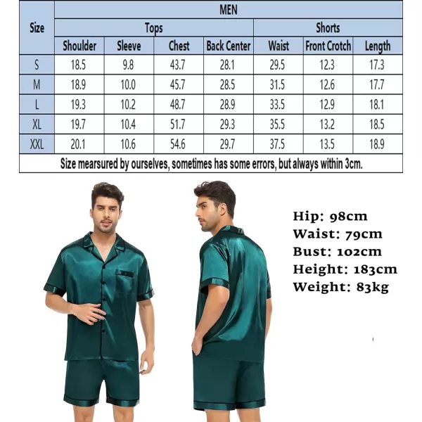 SWOMOG Satin Matching Pajamas Sets Couple Silk Button Down Nightwear Short Sleeve Sleepwear 2 Pieces Loungewear with ShortsDark Greenmen