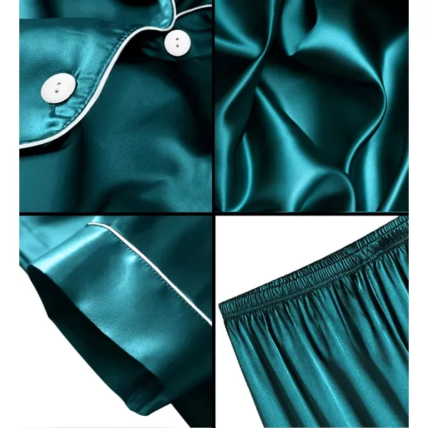 SWOMOG Satin Matching Pajamas Sets Couple Silk Button Down Nightwear Short Sleeve Sleepwear 2 Pieces Loungewear with ShortsDark Greenmen