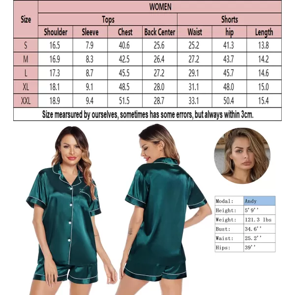 SWOMOG Satin Matching Pajamas Sets Couple Silk Button Down Nightwear Short Sleeve Sleepwear 2 Pieces Loungewear with ShortsDark Greenwomen No Pocket