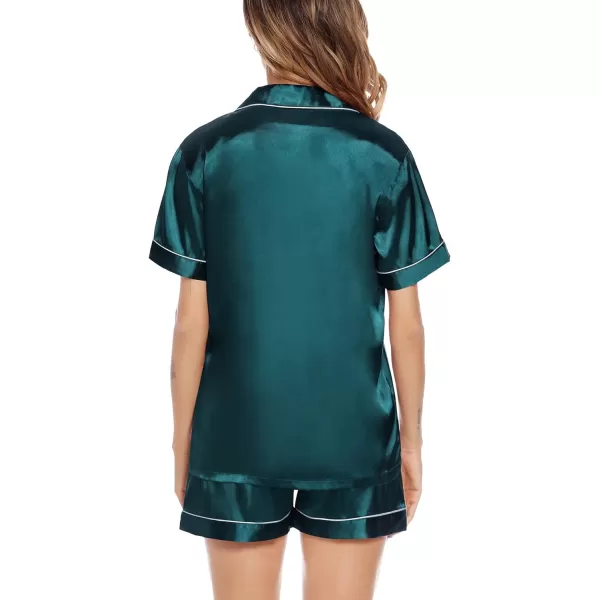 SWOMOG Satin Matching Pajamas Sets Couple Silk Button Down Nightwear Short Sleeve Sleepwear 2 Pieces Loungewear with ShortsDark Greenwomen No Pocket