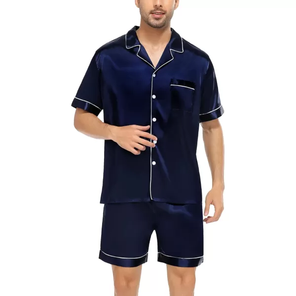 SWOMOG Satin Matching Pajamas Sets Couple Silk Button Down Nightwear Short Sleeve Sleepwear 2 Pieces Loungewear with ShortsDark Navy Bluemen