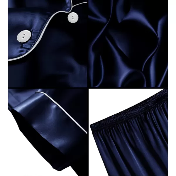 SWOMOG Satin Matching Pajamas Sets Couple Silk Button Down Nightwear Short Sleeve Sleepwear 2 Pieces Loungewear with ShortsDark Navy Bluewomen No Pocket