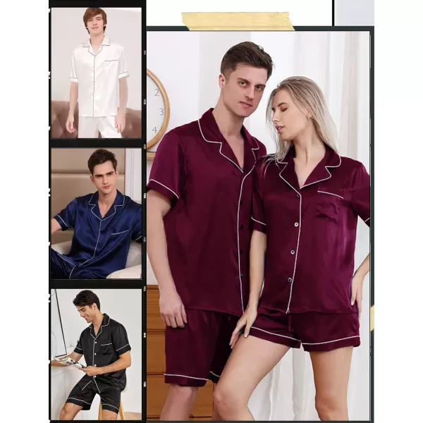 SWOMOG Satin Matching Pajamas Sets Couple Silk Button Down Nightwear Short Sleeve Sleepwear 2 Pieces Loungewear with ShortsDark Wine Redmen