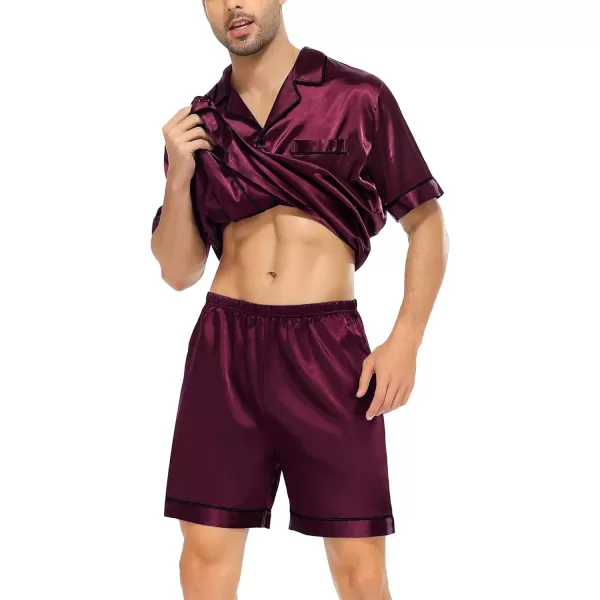 SWOMOG Satin Matching Pajamas Sets Couple Silk Button Down Nightwear Short Sleeve Sleepwear 2 Pieces Loungewear with ShortsDark Wine Redmen