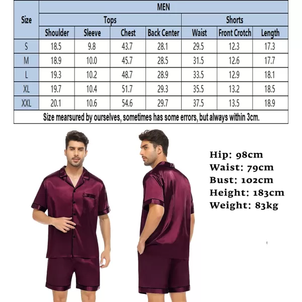 SWOMOG Satin Matching Pajamas Sets Couple Silk Button Down Nightwear Short Sleeve Sleepwear 2 Pieces Loungewear with ShortsDark Wine Redmen