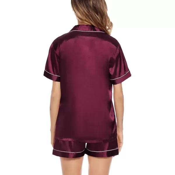 SWOMOG Satin Matching Pajamas Sets Couple Silk Button Down Nightwear Short Sleeve Sleepwear 2 Pieces Loungewear with ShortsDark Wine Redwomen No Pocket