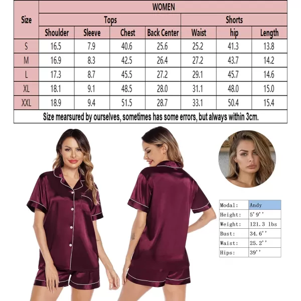 SWOMOG Satin Matching Pajamas Sets Couple Silk Button Down Nightwear Short Sleeve Sleepwear 2 Pieces Loungewear with ShortsDark Wine Redwomen No Pocket