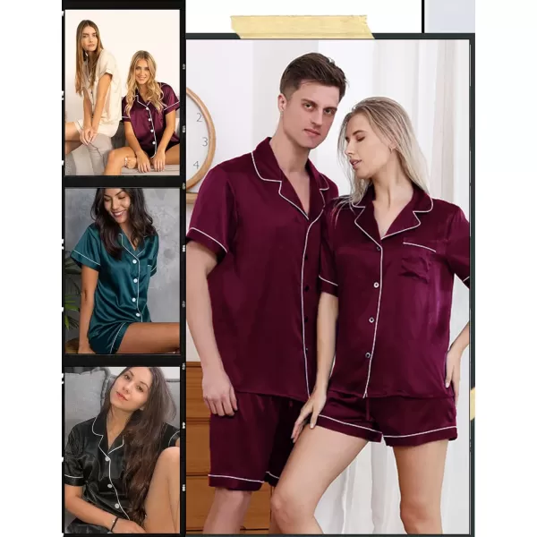 SWOMOG Satin Matching Pajamas Sets Couple Silk Button Down Nightwear Short Sleeve Sleepwear 2 Pieces Loungewear with ShortsDark Wine Redwomen No Pocket