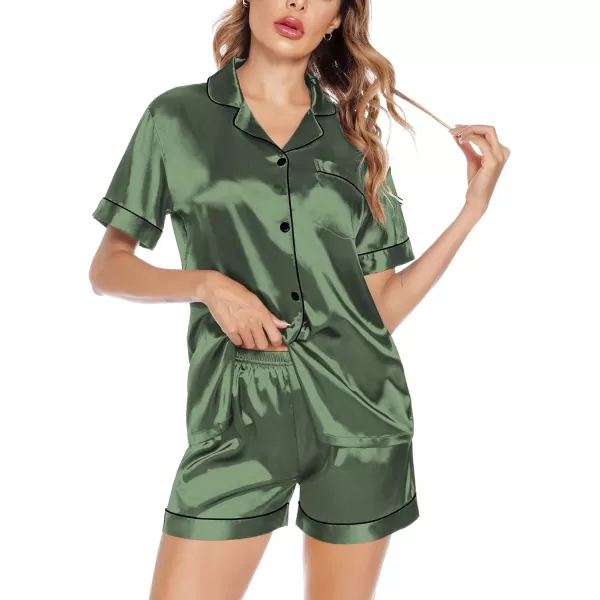 SWOMOG Satin Matching Pajamas Sets Couple Silk Button Down Nightwear Short Sleeve Sleepwear 2 Pieces Loungewear with ShortsMatchawomen No Pocket