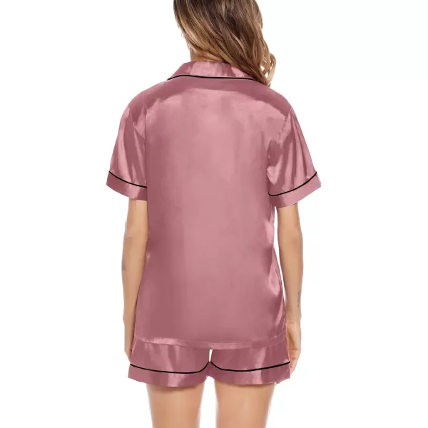 SWOMOG Satin Matching Pajamas Sets Couple Silk Button Down Nightwear Short Sleeve Sleepwear 2 Pieces Loungewear with ShortsMisty Rosewomen No Pocket