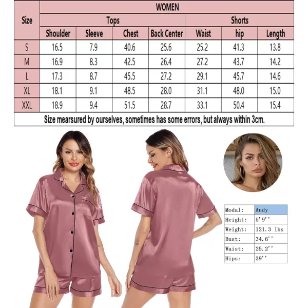 SWOMOG Satin Matching Pajamas Sets Couple Silk Button Down Nightwear Short Sleeve Sleepwear 2 Pieces Loungewear with ShortsMisty Rosewomen No Pocket