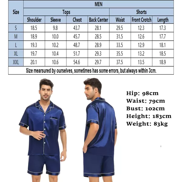 SWOMOG Satin Matching Pajamas Sets Couple Silk Button Down Nightwear Short Sleeve Sleepwear 2 Pieces Loungewear with ShortsNavy Bluemen