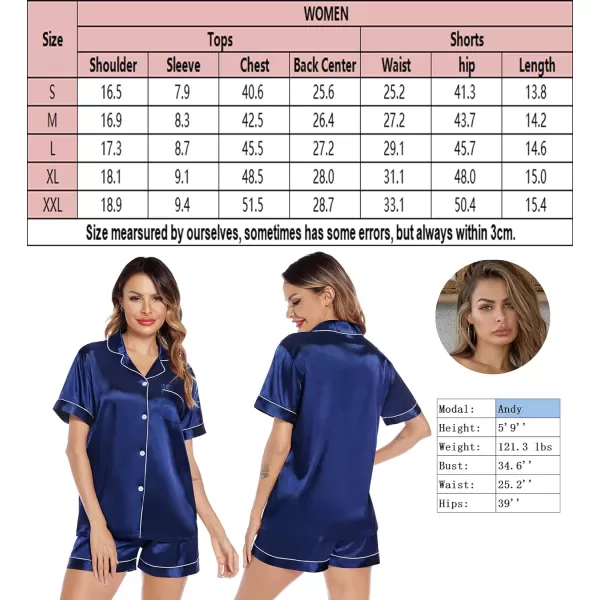 SWOMOG Satin Matching Pajamas Sets Couple Silk Button Down Nightwear Short Sleeve Sleepwear 2 Pieces Loungewear with ShortsNavy Bluewomen No Pocket