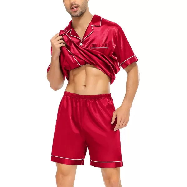 SWOMOG Satin Matching Pajamas Sets Couple Silk Button Down Nightwear Short Sleeve Sleepwear 2 Pieces Loungewear with ShortsRed 1men