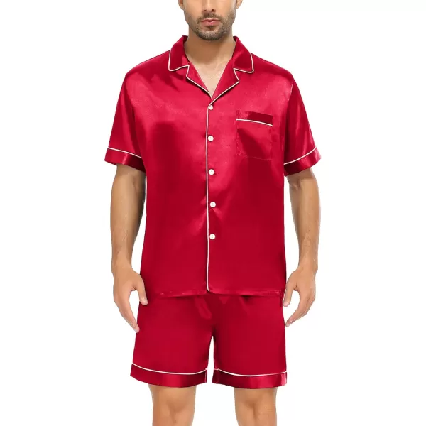 SWOMOG Satin Matching Pajamas Sets Couple Silk Button Down Nightwear Short Sleeve Sleepwear 2 Pieces Loungewear with ShortsRed 1men