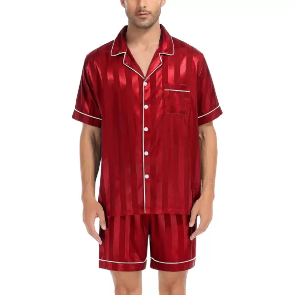 SWOMOG Satin Matching Pajamas Sets Couple Silk Button Down Nightwear Short Sleeve Sleepwear 2 Pieces Loungewear with ShortsRed Stripedmen