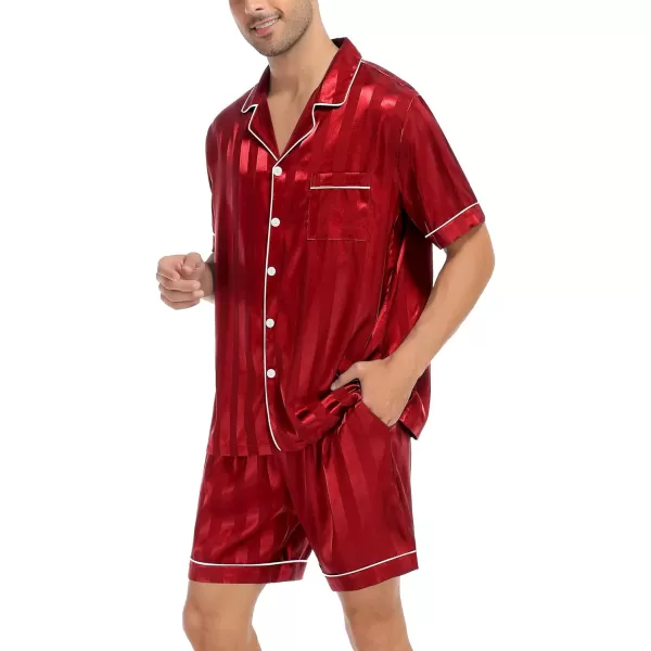 SWOMOG Satin Matching Pajamas Sets Couple Silk Button Down Nightwear Short Sleeve Sleepwear 2 Pieces Loungewear with ShortsRed Stripedmen