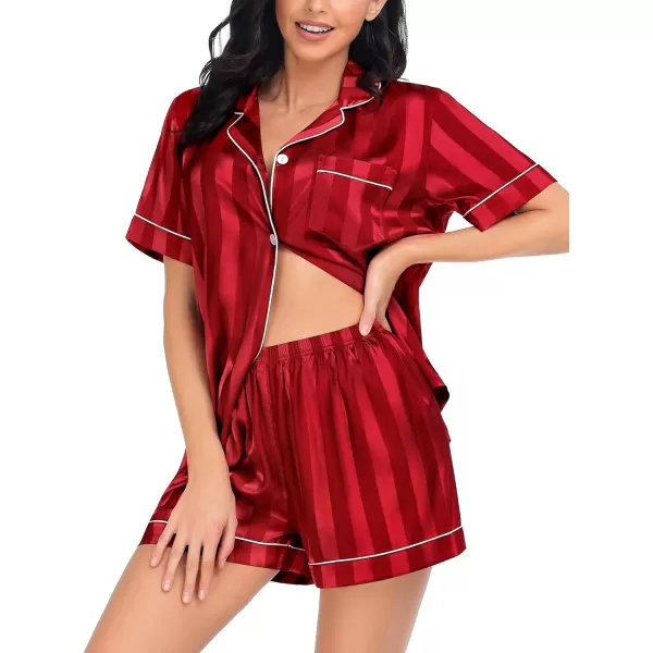 SWOMOG Satin Matching Pajamas Sets Couple Silk Button Down Nightwear Short Sleeve Sleepwear 2 Pieces Loungewear with ShortsRed Stripedwomen No Pocket