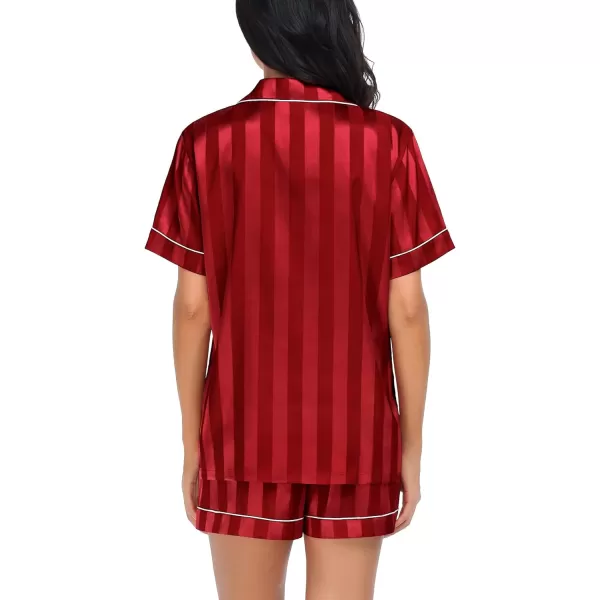 SWOMOG Satin Matching Pajamas Sets Couple Silk Button Down Nightwear Short Sleeve Sleepwear 2 Pieces Loungewear with ShortsRed Stripedwomen No Pocket