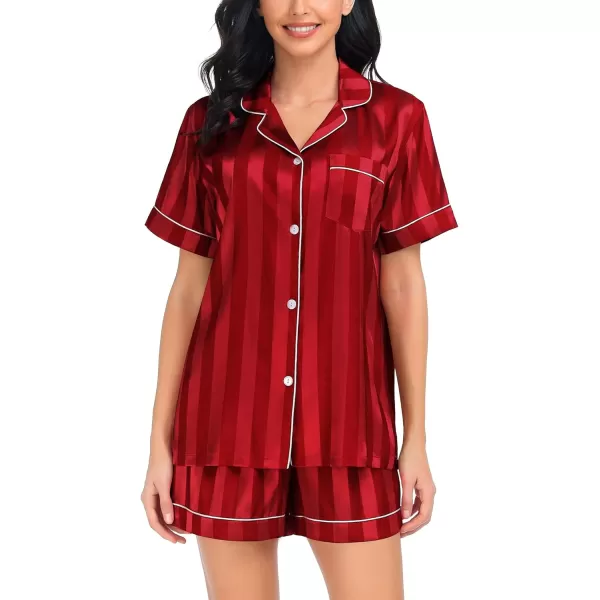 SWOMOG Satin Matching Pajamas Sets Couple Silk Button Down Nightwear Short Sleeve Sleepwear 2 Pieces Loungewear with ShortsRed Stripedwomen No Pocket