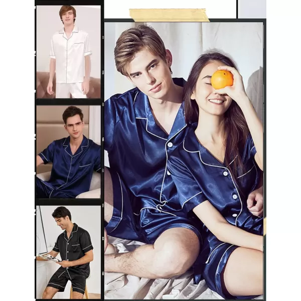 SWOMOG Satin Matching Pajamas Sets Couple Silk Button Down Nightwear Short Sleeve Sleepwear 2 Pieces Loungewear with ShortsWine Redmen